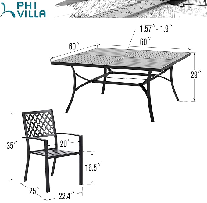PHI VILLA 9 Piece Outdoor Dining Set for 8, 60" Metal Square Table with Umbrella Hole & Stackable Wrought Iron Chairs, All Weather Large Furniture Set for Patio, Deck, Backyard, Porch - Black