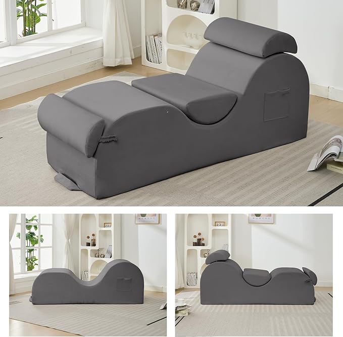ijuicy Chaise Lounge Chair for Exercise, Indoor Lounger with Headrest, Waist Cushion, Movable Footrest, Side Pockets, Non-Slip Bottom - Yoga Chair with High Density Sponge, Light Grey
