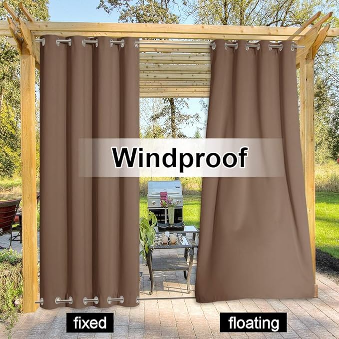 NICETOWN Patio Waterproof Outdoor Curtain, Thermal Insulated Rustproof Double Grommets (Top and Bottom) Wind-Break Outdoor Drape Keep Privacy for Pergola, 1 Panel, W84 by L84, Tan-Khaki