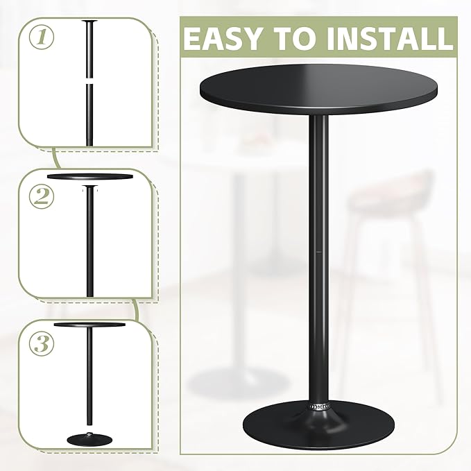 Flamaker Round Bistro Pub Table Modern Style Metal Base MDF Top Cocktail Bar Table Counter Bar Height for Pub, Dining Room, Party (1, Full Black)