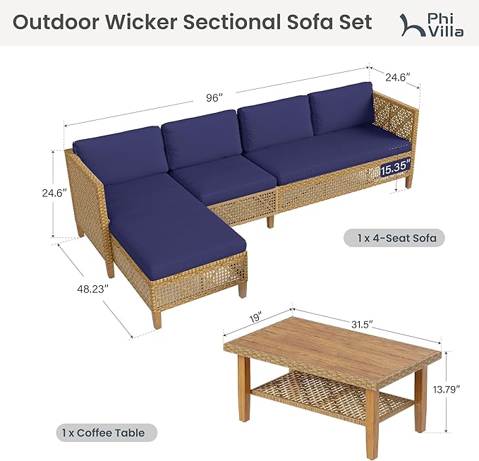 PHI VILLA Sectional Outdoor Couch, Small Patio Furniture Set with Cushions and Acacia Wood Coffee Table, L-Shaped Wicker Outdoor Sofa for Deck or Porch, 4 Seats, Navy Blue