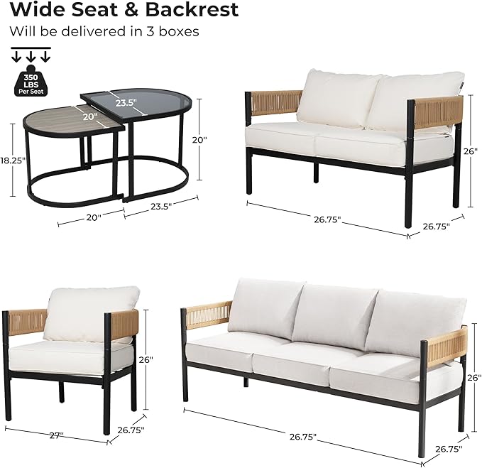 Grand patio 6-Piece Wicker Outdoor Furniture Set with 3-Seat Couch, Thick Cushions and Coffee Table, Patio Sofa Conversation Set for Backyard, Balcony, Natural