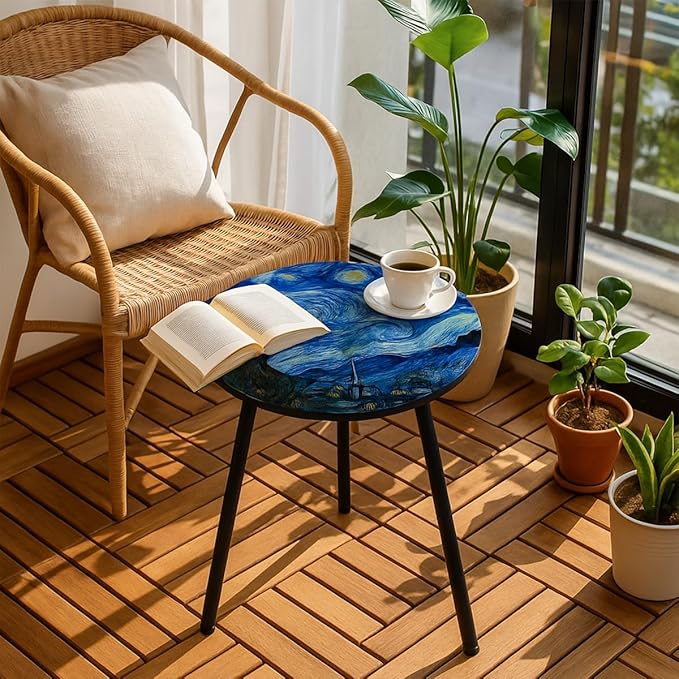 Outdoor Side Table Set of 2 Patio Side Tables for Outside Black End Tables Small Outdoor Table Round Patio End Table Metal Side Table Outside, Indoor, Bedroom, Living Room, Small Spaces, Starry Sky