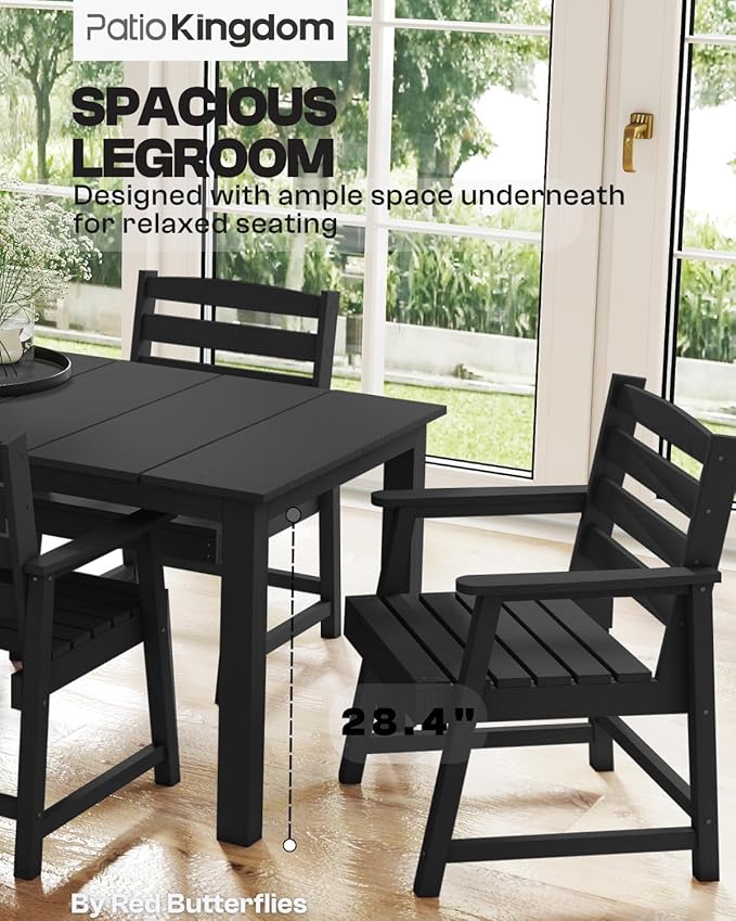 7-Piece Black Outdoor Dining Set for 6, 75.2'' HDPE Table with Umbrella Hole & Chairs, Weather-Resistant Patio Furniture for Garden, Lawn, or Poolside