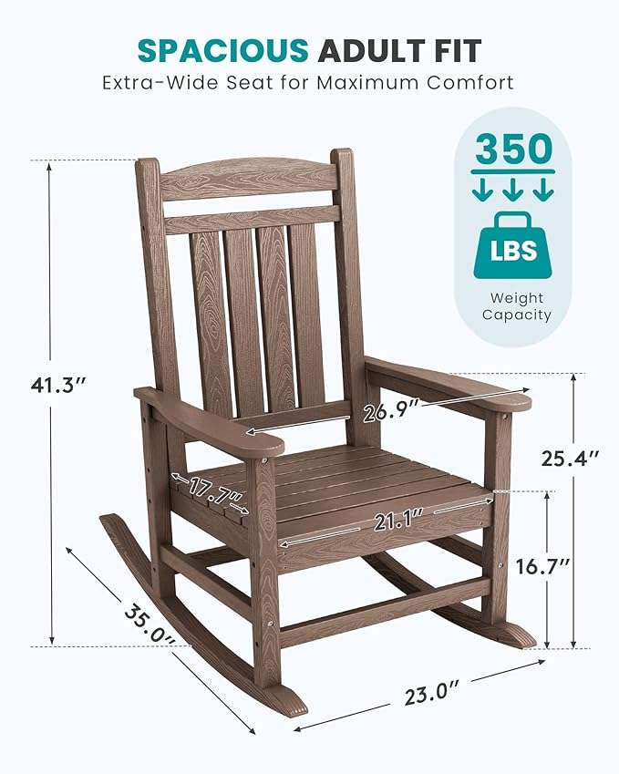 SERWALL HDPE Outdoor Rocking Chair Set of 2, Patio Rocking Chairs, All-Weather Porch Rockers for Adults, Brown