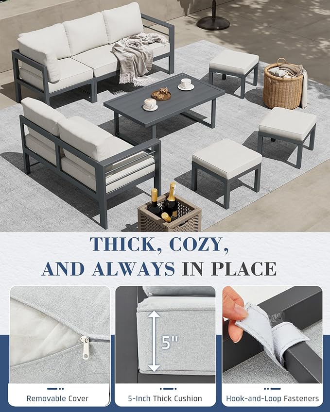 AECOJOY Aluminum Patio Furniture Set, 8 Seats Modern Outdoor Furniture with Adjustable Table, 7 Pieces Metal Conversation Sectional Sofa, Light Gray
