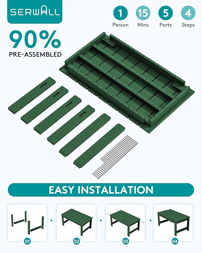 SERWALL Outdoor Coffee Table with 9FT Umbrella, HDPE Patio Coffee Table for Outside, Rectangle, Green(Not Include Umbrella Base)
