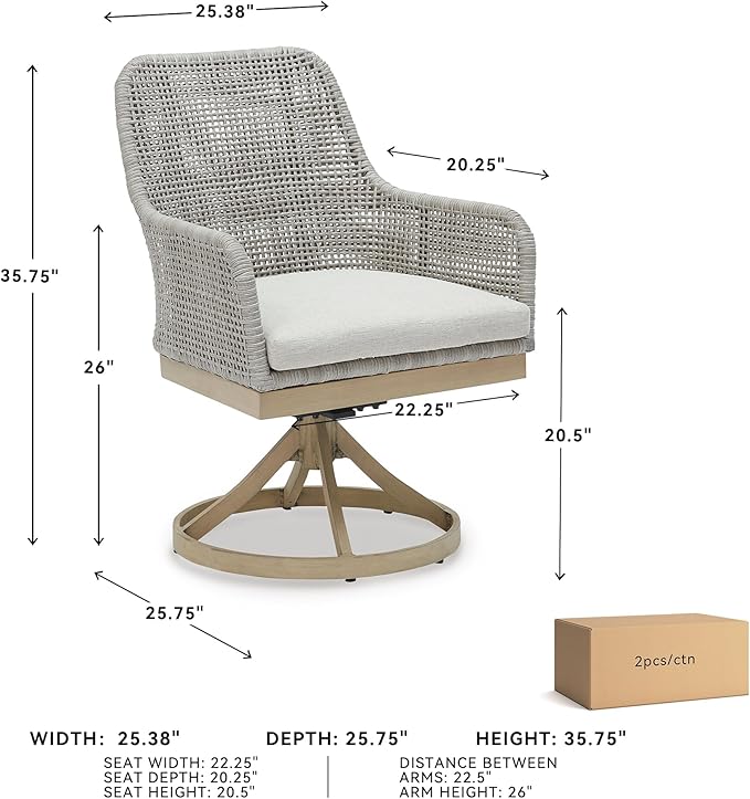 Signature Design by Ashley Seton Creek Cottage Nuvella Weather Resistant Fabric Outdoor Swivel Dining Chair with Cushion, Set of 2, Light Brown & Light Gray