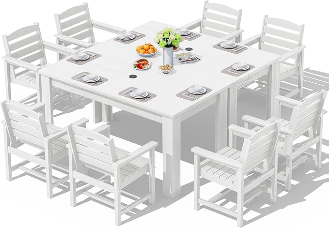 SERWALL Patio Dining Sets for 8, Outdoor Dining Sets for 8 Person with 2 Umbrella Hole Cut-Out Rectangular Tables and 8 Chairs, HDPE Dining Sets for Garden, Backyard, Poolside, White