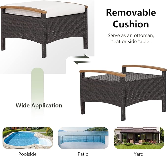 RELAX4LIFE Outdoor Wicker Ottomans for Patio - 2 Pieces PE Rattan Ottoman, Footrest Seat with Zippered Cushions, Acacia Wood Handles, 3-in-1 Footstool, Side Table for Poolside, Backyard (Off White)