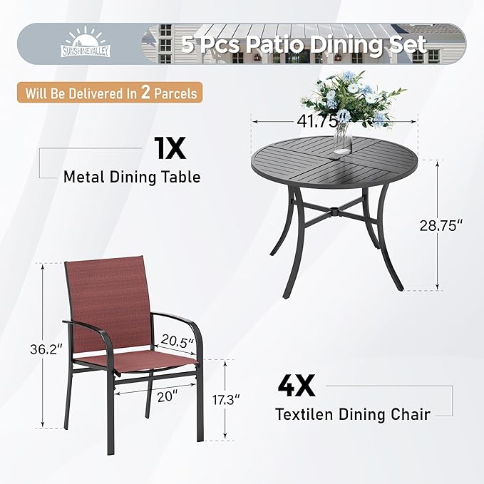 5 Piece Patio Dining Set for 4, 42" x 42" Round Metal Table with Umbrella Hole and 4 Red Chairs, Outdoor Table and Chairs Set for Lawn Backyard and Deck