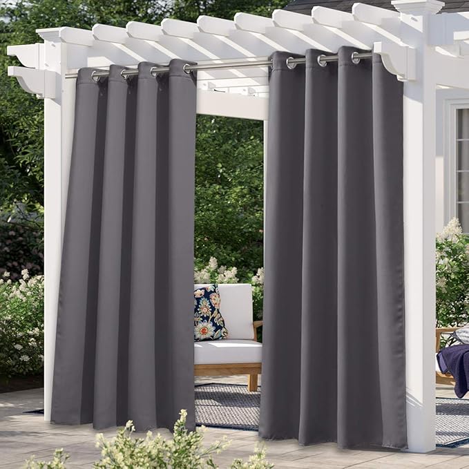 NICETOWN Patio Outdoor Curtain Grey Waterproof, Gazebo Covers for Shade and Rain, Outside Privacy Protection Light Blocking Thick Curtains for Winter, 1 Panel, W52 x L95 Inch, Grey