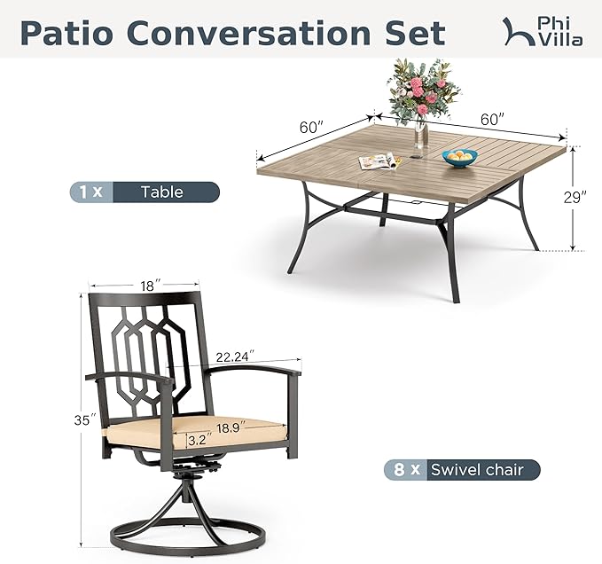 PHI VILLA 9 Pieces Outdoor Dining Set for 8, 60” Square Wrought Iron Table with Wood-Like Tabletop & Swivel Metal Steel Chairs, Large Outside Furniture Set for Patio, Porch, Deck, Backyard