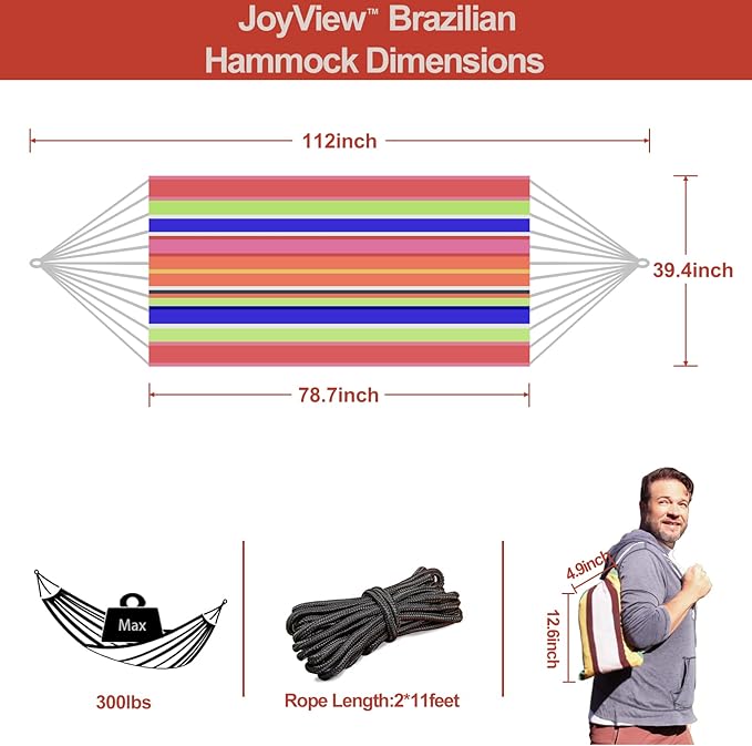 JoyView Brazilian Hammock for Single Preson Portable Hammock with Hanging Ropes & Carry Bag Large 78.8x39.4” for Patio 300LBS Capacity Perfect for Outdoor/Indoor - Color Stripes