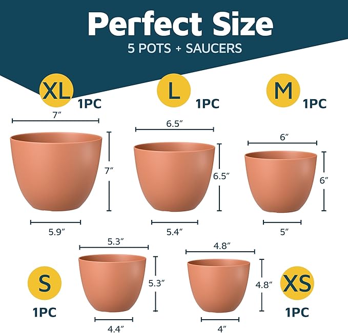 Terracotta Plant Pots with Drainage Holes & Saucers 5 Pack, Indoor & Outdoor Stackable Space-Saving Planters for Houseplants & Flowers, (7", 6.7", 6", 5.3", and 4.8" Inches), Durable & Weatherproof