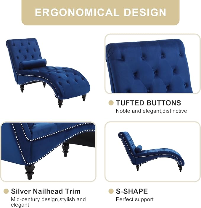 Chaise Lounge Indoor,Velvet Upholstered Lounge Chair Button-Tufted Armless Chair with Pillow, for Bedroom Living Room Office Modern Backrest Leisure Recliner Sleep Sofa,Blue