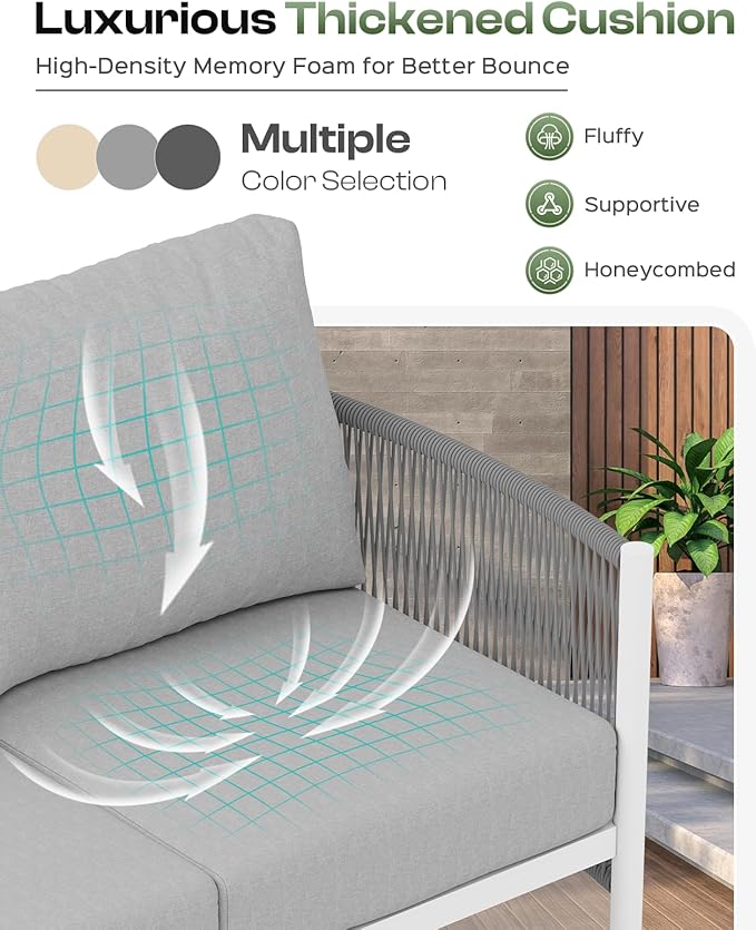 Aluminum Outdoor Patio Furniture Set with Dual-Layer Coffee Table, 4 Piece Modern Patio Conversation Sets with PE Rope, Outdoor Sectional Sofa with Thick Cushions for Balcony, Deck, White