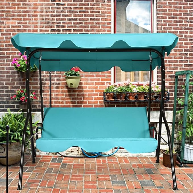 Porch Swing Outdoor, 3 Person Patio Swing w/Removable Cushion, Stand & Adjustable Canopy, Heavy Duty Swing Chair for Patio, Garden, Courtyard, Poolside