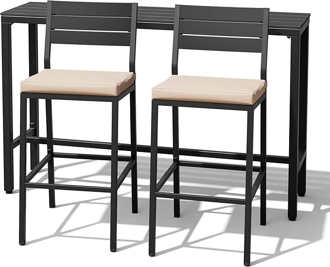 Crestlive Products Outdoor Bar Table and Chairs Set, 3 Piece Outside Patio Bar Set with 55" Long Bar Table and 2 Bar Stools for Balcony, Bistro, Garden, Backyard(Black Desktop and Beige Cushion)