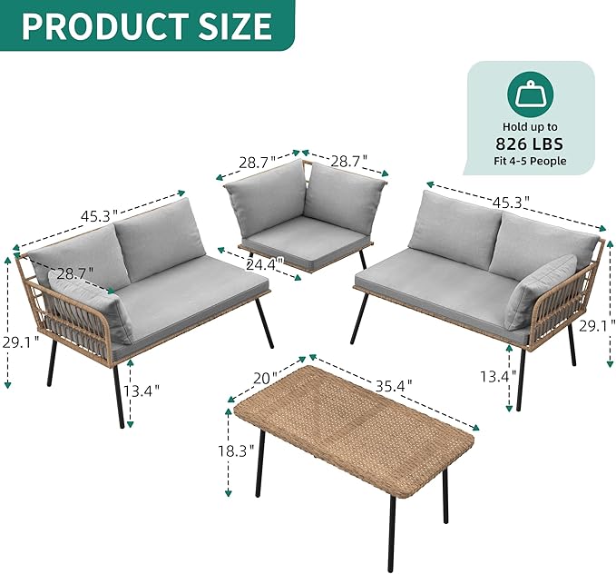 YITAHOME 4 Pieces Patio Furniture Set, Outdoor Wicker Conversation Sectional L-Shaped Sofa with 5 Seater for Backyard, Porch, Boho Detachable Lounger with Thickness Cushions and Side Table - Grey