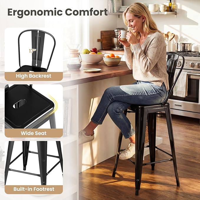 COSTWAY 24'' Metal Bar stools Set of 4, with Removable Back, Counter Height Stools with Rubber Feet, Stylish and Modern Chairs, for Kitchen, Dining Rooms, and Side Bar (Black-Update, 24'')
