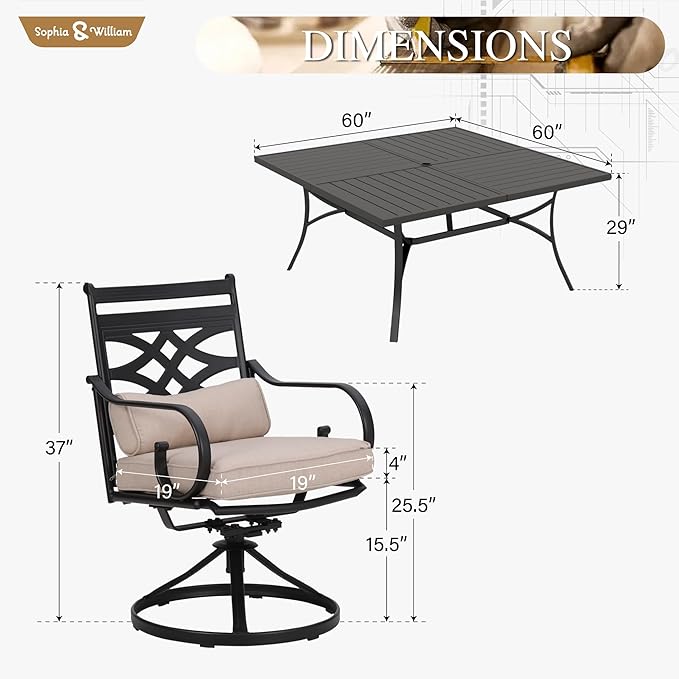 Sophia & William Patio Table and Chairs Set 9 Piece, 8 Swivel Chairs with Removable Cushion and 60" Large Square Outdoor Dining Table, Perfect for Garden, Lawn, Yard