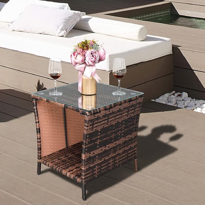 VINGLI Outdoor Wicker Side Table Patio Side Tables for Outside, Tempered Glass Top Wicker Table with Storage End Table for Balcony Porch Deck (Brown)
