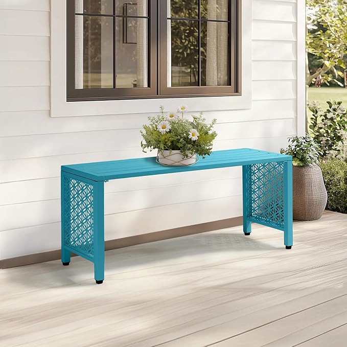 VINGLI 40in Outdoor Metal Bench, All-Weathe Backless Patio Bench with Slatted Seat＆Floral Side Panels, Rust-Resistant Garden Bench, Weatherproof Outdoor Seating for Porch Entryway Backyard (Blue)