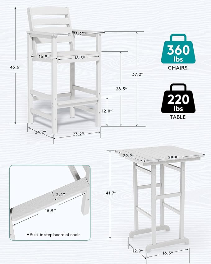 SERWALL Tall Adirondack Bar Chairs and Table 3 Pieces Set, Adirondack Bar Height Chairs Set of 2 and Bar Table, Outdoor Bar Stools Set for Bistro, Poolside, Backyard, White