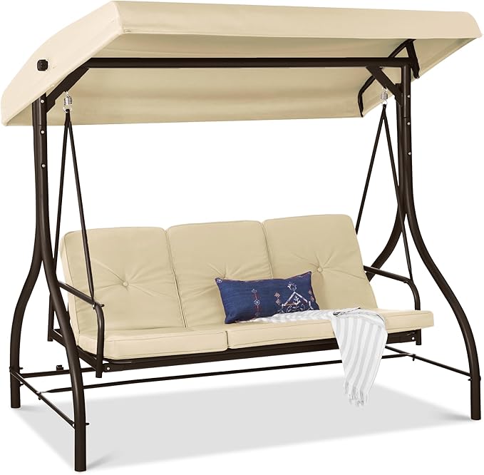 Best Choice Products 3-Seat Outdoor Large Converting Canopy Swing Glider, Patio Hammock Lounge Chair for Porch, Backyard w/Flatbed, Adjustable Shade, Removable Cushions - Ivory
