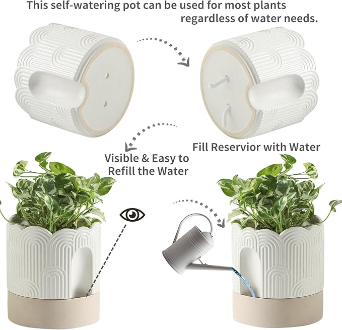 Nihow Self Watering Plant Pot for Indoor Plants : 6 Inch & 8 Inch Ceramic Planter with Drainage Hole & Water Storage - Relief Design Beige & Nature Flower Pot -Set of 2