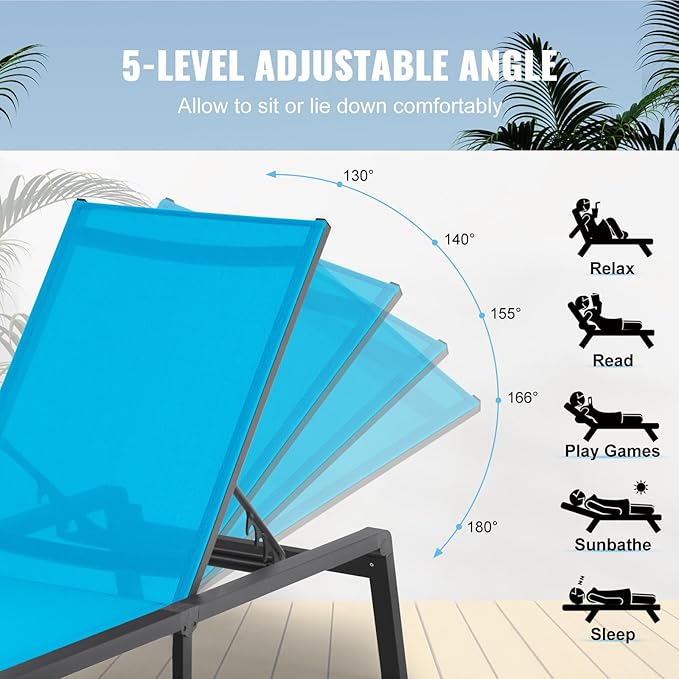 VEVOR Chaise Lounge Chairs Outdoor, Aluminum Patio Lounge Chairs with Adjustable 5-Position, Folding Pool Chair Recliner and Full Flat Tanning Chair for Patio, Beach, Pool, Blue