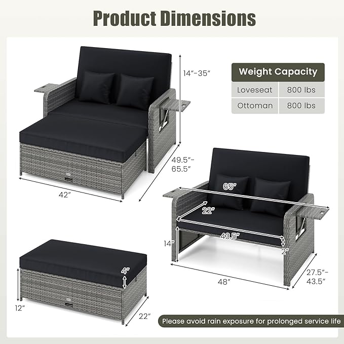 LDAILY Moccha Outdoor Daybed, Wicker Loveseat Sofa Set with 4-Postion Adjustable Backrest, Storage Ottoman, Cushions, Rattan Double Bed Lounger, Patio Furniture Set (Mixed Gray+Black)
