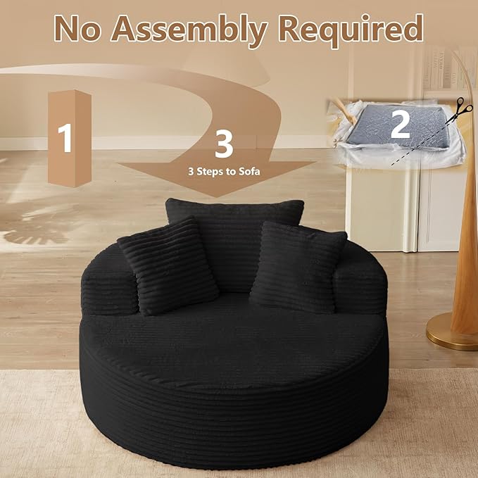 Oversized Round Chair Lounge Chaise Indoor, Upholstered Corduroy Deep Seat Cloud Large Circle Sofa Chair, No Assembly Required, Fluffy Modern Sleeper Sofa Bed for Reading, Dark Black