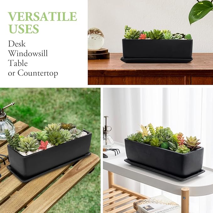MyGift 14 Inch Ceramic Indoor Plant Pot, Rectangular Succulent Planter, Decorative Flower Planter with Drainage Hole and Removable Tray, Matte Black