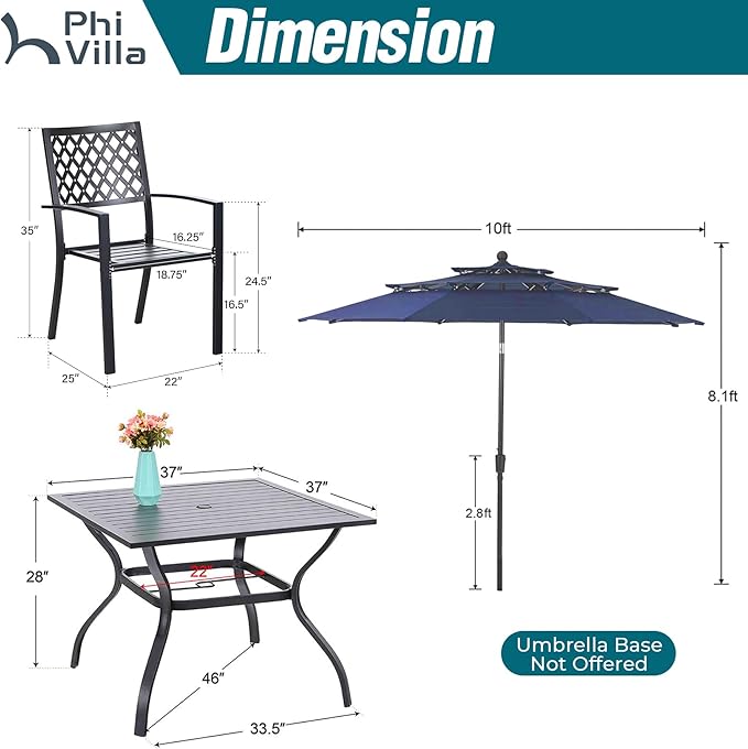 PHI VILLA Patio Dining Set 6 Piece with 4 Metal Outdoor Stackable Chairs, 1 Square Metal Table and 10ft 3 Tier Umbrella(Navy Blue), Outdoor Table Furniture Set for Patio, Deck, Poolside