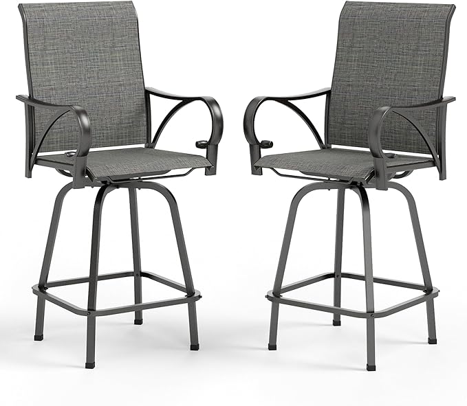 MFSTUDIO Outdoor Bar Stools Set of 2, Swivel Bar Height Patio Chairs Outdoor Barstools High Top Patio Swivel Bar Chairs with Armrest, Breathable Textilene, Grey