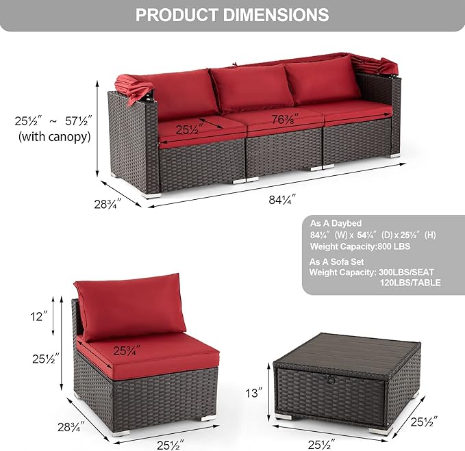 Vicluke 6 Pieces Patio Conversation Sets, Rectangle Wicker Daybed with Canopy, Adjustable Backrest, Storable Tea Table, Outdoor Sunbed for Backyard Garden Poolside(Wine Red)
