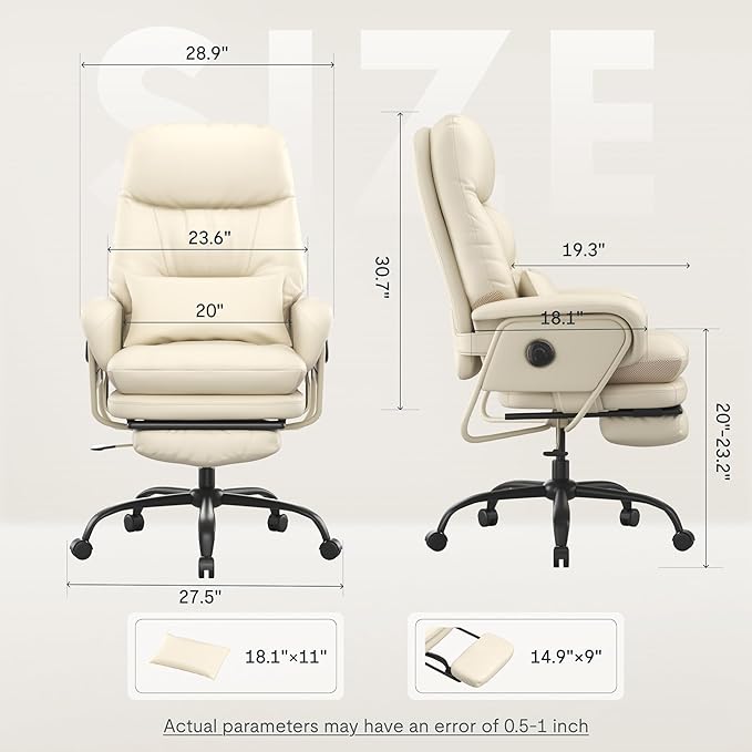 FLEXISPOT Luno 2-in-1 Chaise Lounge Chair Indoor with Wheels Footrest 90-165° Reclining Lumbar Support, Home Office Chairs for Living Room Bedroom Study Working Relaxing, Leather, Beige White