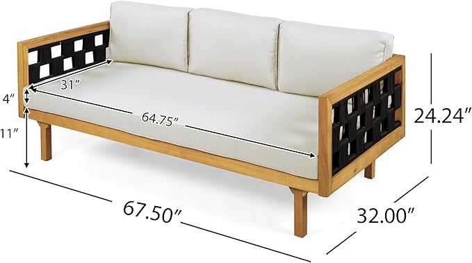 Christopher Knight Home Rosie Acacia Wood Outdoor Daybed Sofa with Water-Resistant Cushion, Solid Wood Patio 3 Seater Sofa Couch, Patio Garden Lounge Sofa with Woven Rope Accent, Black+Teak+Light Gray