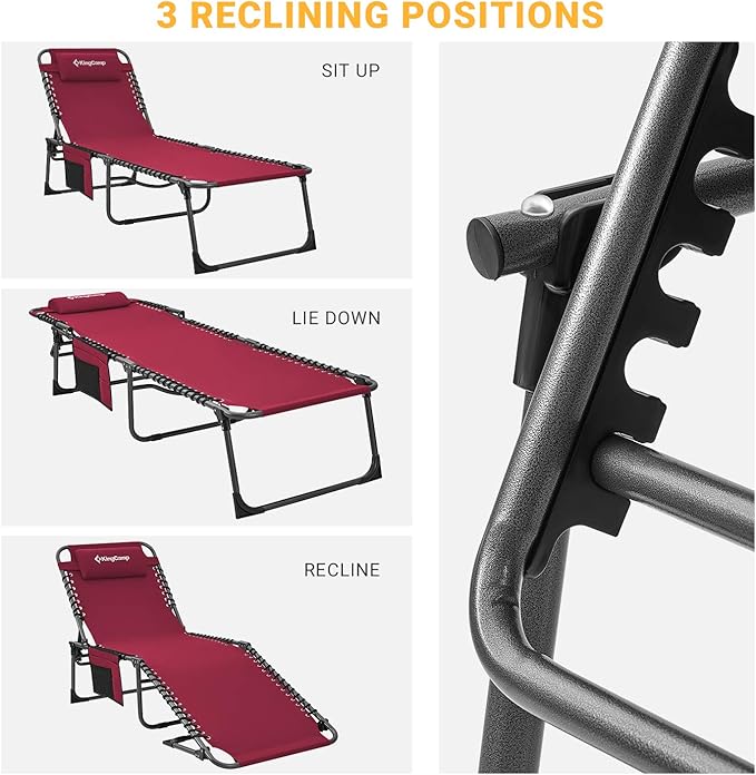 KingCamp Portable Folding Camping Cot Adjustable 4-Position Patio Reclining Lounger Chair with Pillow Pocket for Garden Yard Lawn Sunbathing Supports 265lbs