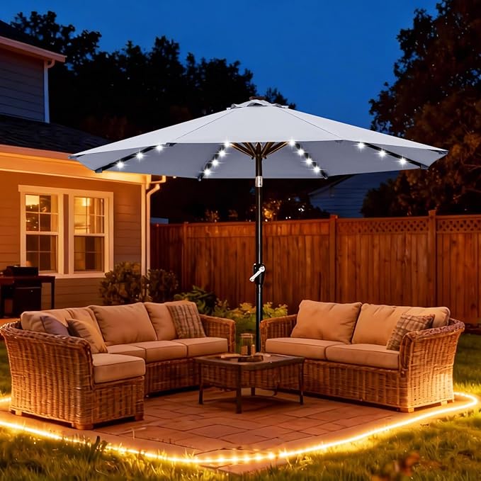 ABCCANOPY Durable Solar Led Patio Umbrellas with 32LED Lights 9FT (Light Gray)