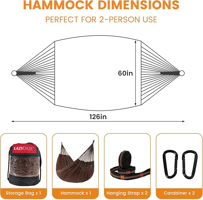 Lazy Daze Hammocks Handwoven Mayan Hammock, 10.5 FT Soft Rope Double Hammocks, Portable Outdoor Hammock with Carry Bag, 2 Straps & Carabiners for Patio Outside, 550 lbs Weight Capacity, Coffee
