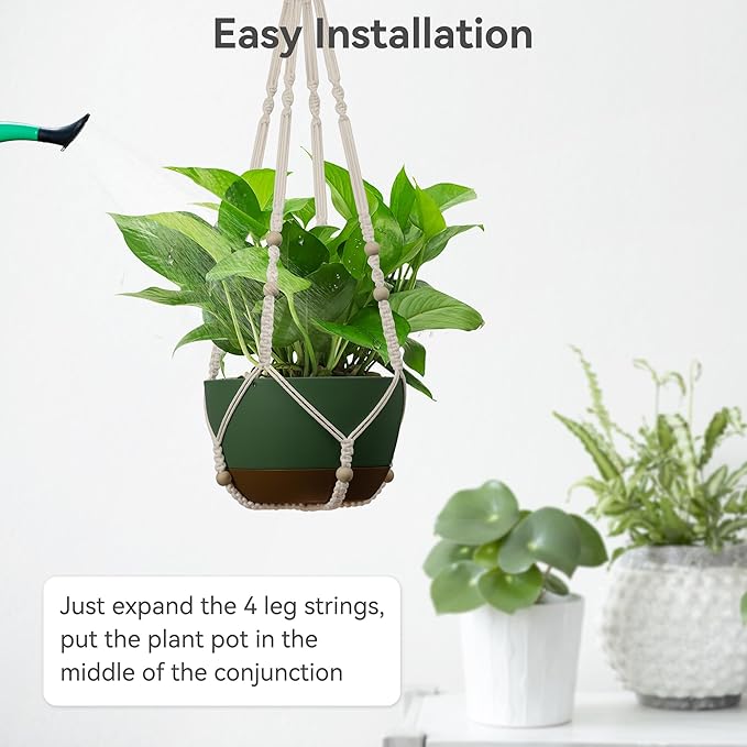 USLAI Macrame Plant Hanger Indoor Outdoor, Fits 4 to 15 Inch Pots, Strong Hanging Planter Holder, Boho Home Decor, 35 Inch, Ivory, Set of 3 (POTS NOT Included)