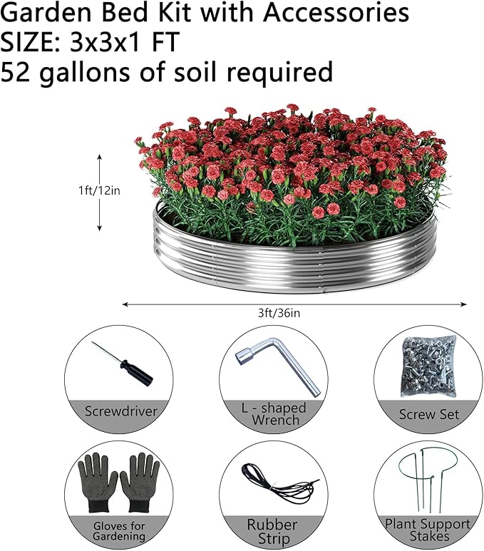 Galvanized Metal Round Raised Garden Bed Outdoor for Gardening Raised Garden Bed Kit，3x3x1FT Garden Raised Planter Box Outdoor