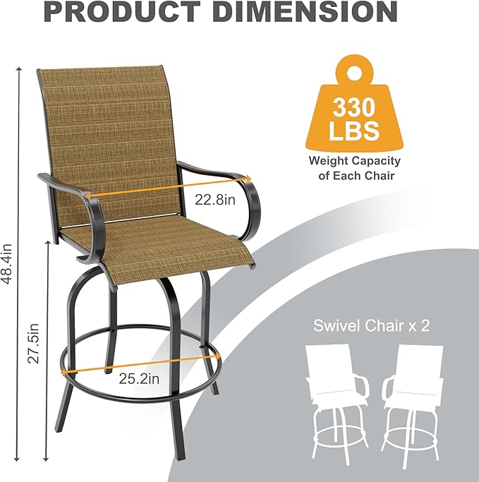 GarveeLife 2 Piece Outdoor Swivel Bar Chairs, Patio High Swivel Bar Stools, All Weather High Back and Armrest Patio Chairs, Outdoor Rotating BarChair Counter Height for Deck Lawn Garden Backyard