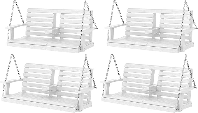 KINGYES Outdoor Hanging Porch Swing Set of 4, Waterproof Swing with Cup Holders for Courtyard & Garden, 660LBS Weight Capacity, White