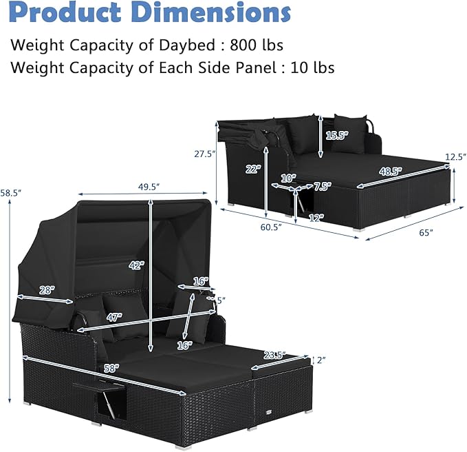 Moccha Outdoor Daybed with Retractable Canopy, Wicker Cabana with 2 Side Tables & Soft Cushions ,Hand-Woven PE Rattan Bed Lounger, Patio Sectional Furniture Set for Garden Backyard Porch (Black)