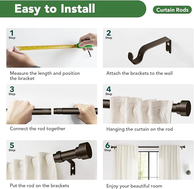 Curtain Rods for Windows 72 to 144, 1 Inch Adjustable Heavy Duty Long Window Drapery Rods with End Caps, Indoor Outdoor Curtain Rod for Patio Bedroom, Size 32" - 150", Antique Bronze