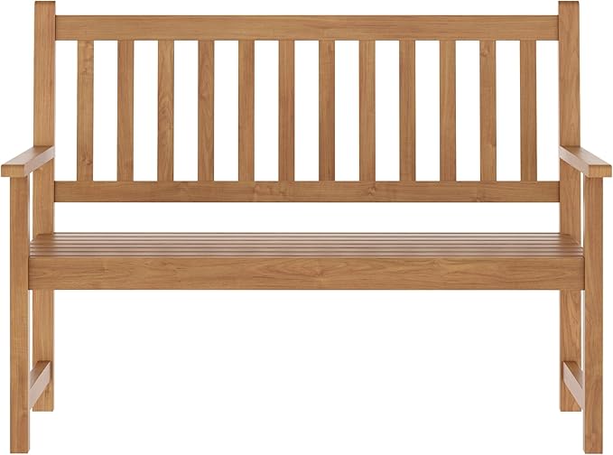 Flash Furniture Adele Commercial Indoor/Outdoor Acacia Wood Bench, 2-Person Slatted Patio Loveseat, for Use in Yard, Garden, Porch, or Park, Brown